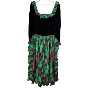 ALBERT CAPRARO 80s‎ Black Velvet Tartan Plaid Holiday Party Dress Size 8